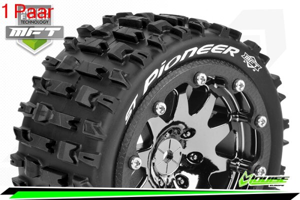 Louise RC - MFT - ST-PIONEER - 1-10 Monster Truck Komplettradsatz - Montiert - Sport - Bead-Lock 2.8 Felgen Schwarz-Chrom - 0-Offset - Hex 12mm  - L-T3312SBC